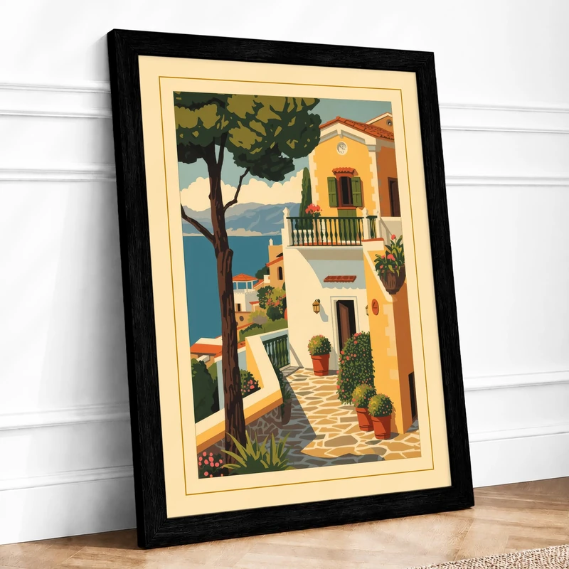 Villa by the Sea Vintage Framed Wall Art Print A1 (84.1×59.4cm) Black, Wall Decor for Living Room, Bedroom, Office & Home, Ready to Hang, Art Gift - Image 1