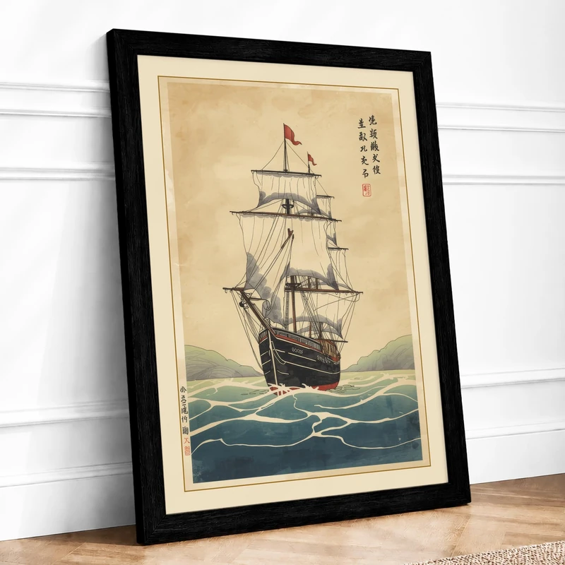 Sailing Ship at Seas Japandi Framed Wall Art Print A1 (84.1×59.4cm) Black, Wall Decor for Living Room, Bedroom, Office & Home, Ready to Hang, Art Gift