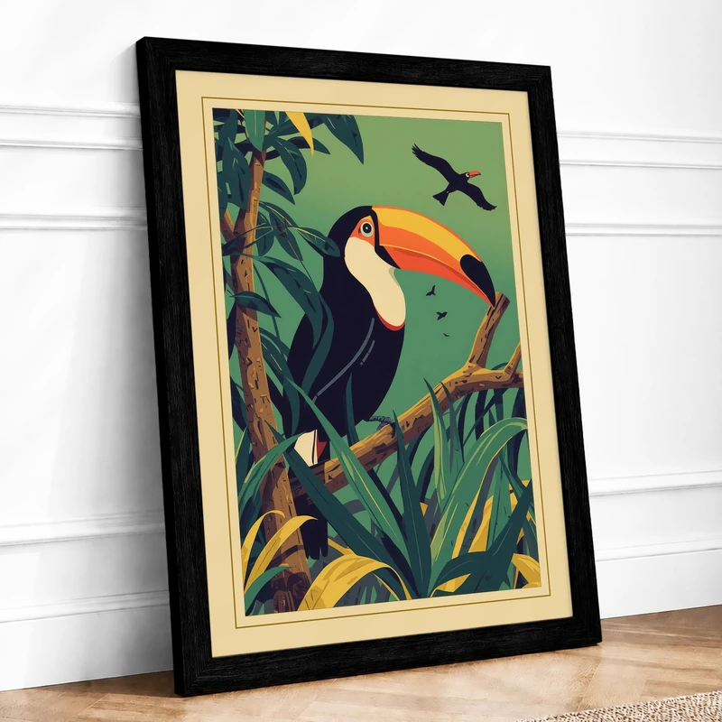 Toucan and Sky Vintage Framed Wall Art Print A1 (84.1×59.4cm) Black, Wall Decor for Living Room, Bedroom, Office & Home, Ready to Hang, Art Gift