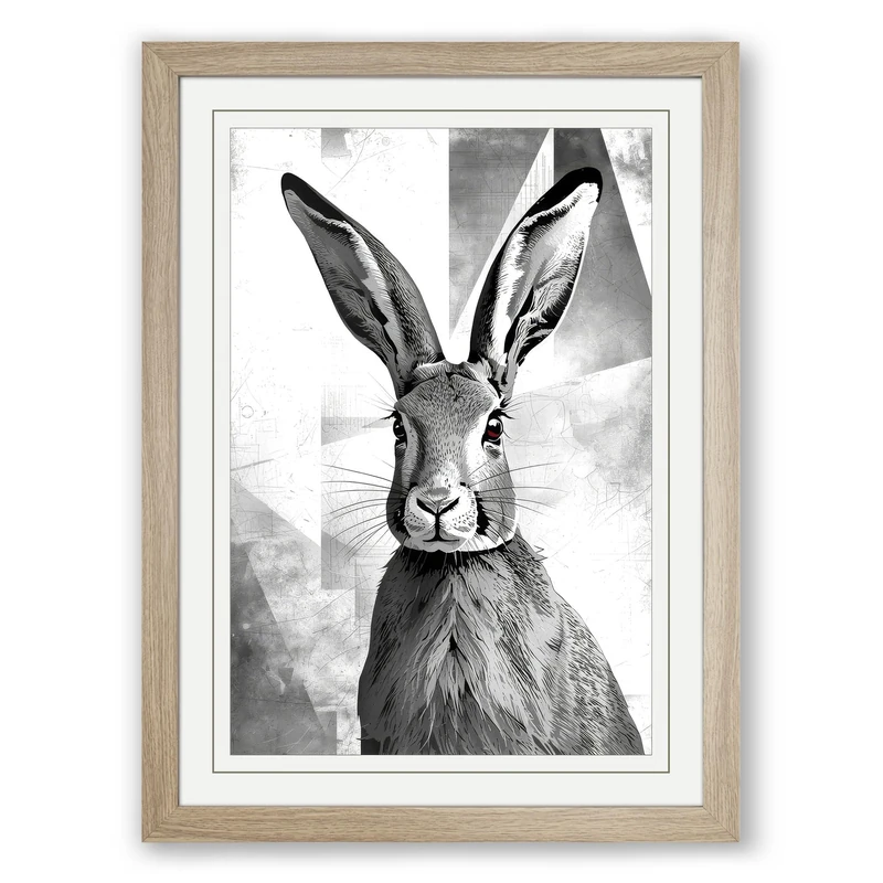 Hare in Ink Japandi Framed Wall Art Print A1 (84.1×59.4cm) Oak, Wall Decor for Living Room, Bedroom, Office & Home, Ready to Hang, Art Gift