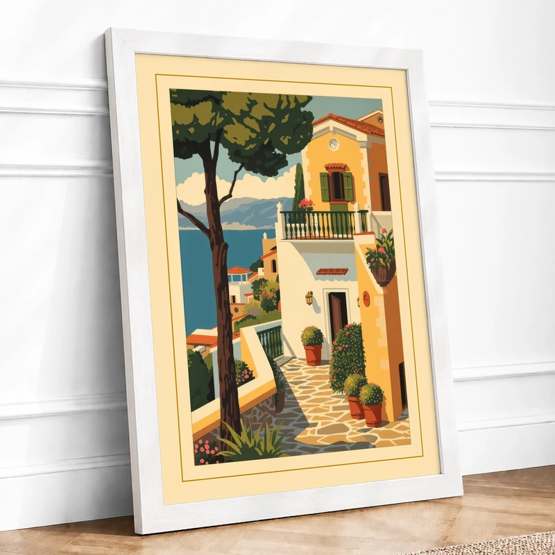 Villa by the Sea Vintage Framed Wall Art Print A1 (84.1×59.4cm) White, Wall Decor for Living Room, Bedroom, Office & Home, Ready to Hang, Art Gift