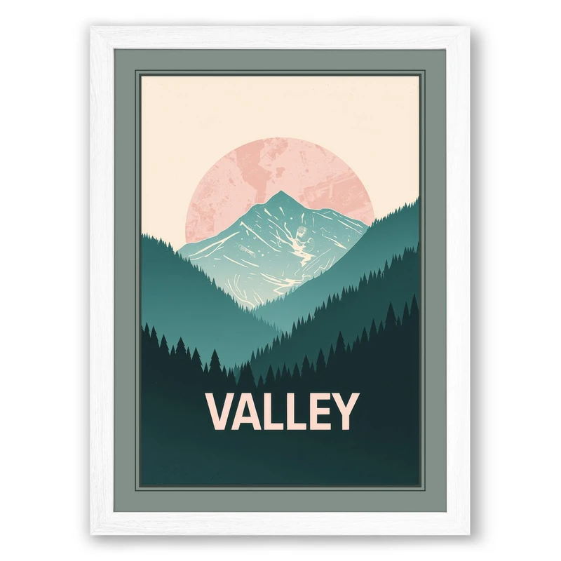 Valley at Dusk Minimalist Framed Wall Art Print A1 (84.1×59.4cm) White, Wall Decor for Living Room, Bedroom, Office & Home, Ready to Hang, Art Gift