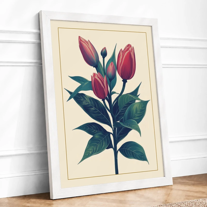 Twin Crimson Tulips Botanical Framed Wall Art Print A1 (84.1×59.4cm) White, Wall Decor for Living Room, Bedroom, Office & Home, Ready to Hang, Art Gift