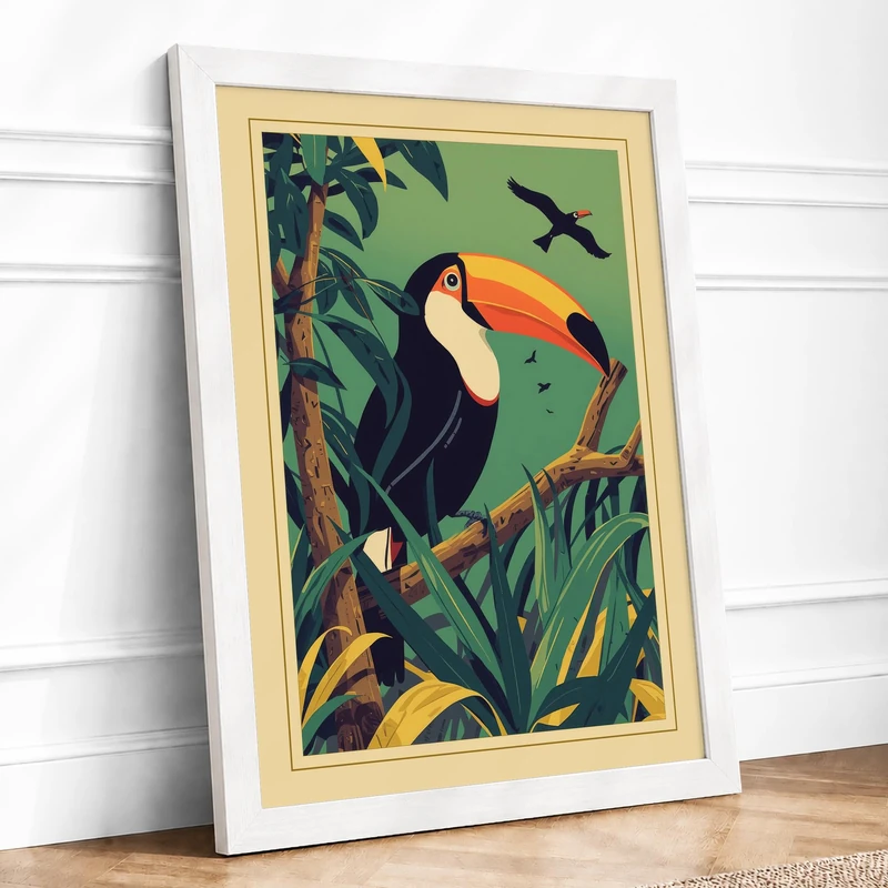 Toucan and Sky Vintage Framed Wall Art Print A1 (84.1×59.4cm) White, Wall Decor for Living Room, Bedroom, Office & Home, Ready to Hang, Art Gift