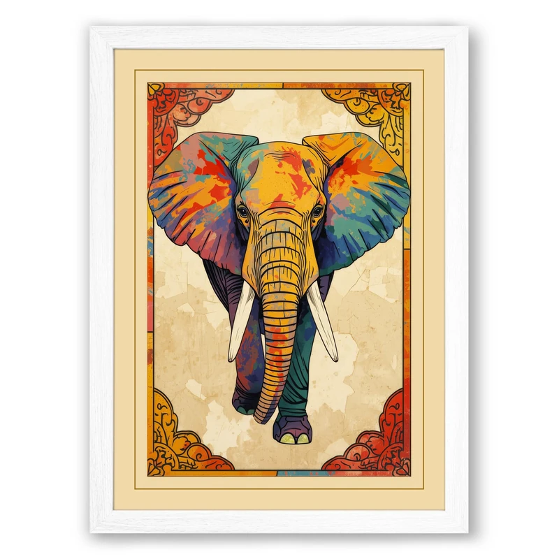 Ornamental Elephant Facing Eclectic Framed Wall Art Print A1 (84.1×59.4cm) White, Wall Decor for Living Room, Bedroom, Office & Home, Ready to Hang, Art Gift - Image 1