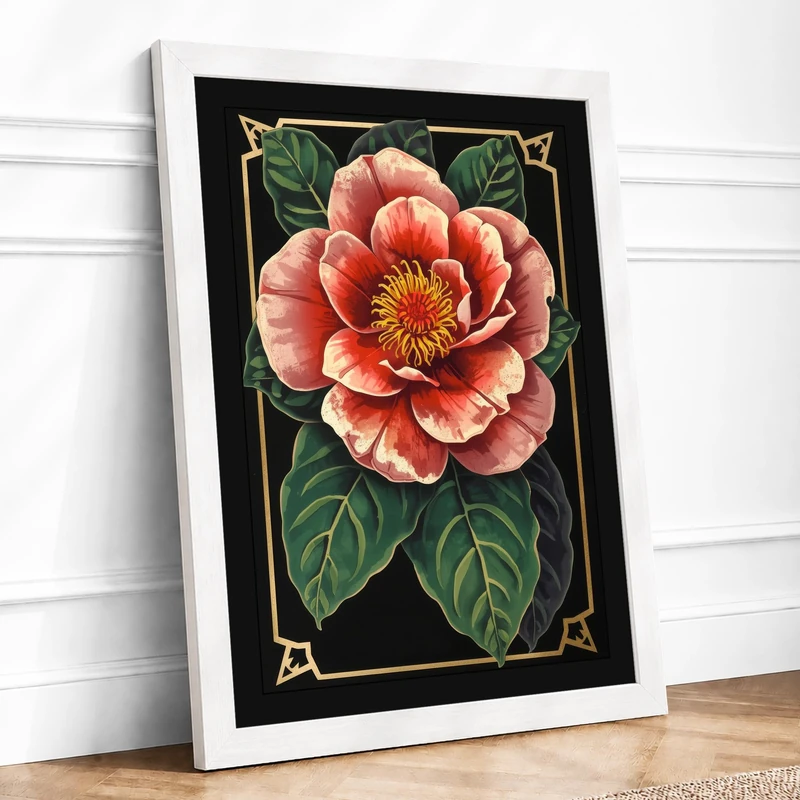Golden Peony Botanical Framed Wall Art Print A1 (84.1×59.4cm) White, Wall Decor for Living Room, Bedroom, Office & Home, Ready to Hang, Art Gift