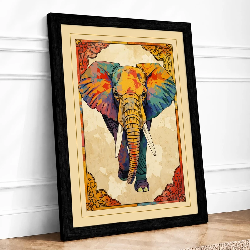 Ornamental Elephant Facing Eclectic Framed Wall Art Print A1 (84.1×59.4cm) Black, Wall Decor for Living Room, Bedroom, Office & Home, Ready to Hang, Art Gift