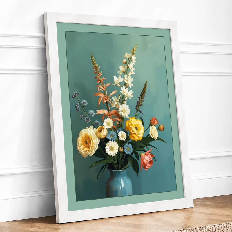 Blooms in Pale Blue Botanical Framed Wall Art Print A1 (84.1×59.4cm) White, Wall Decor for Living Room, Bedroom, Office & Home, Ready to Hang, Art Gift