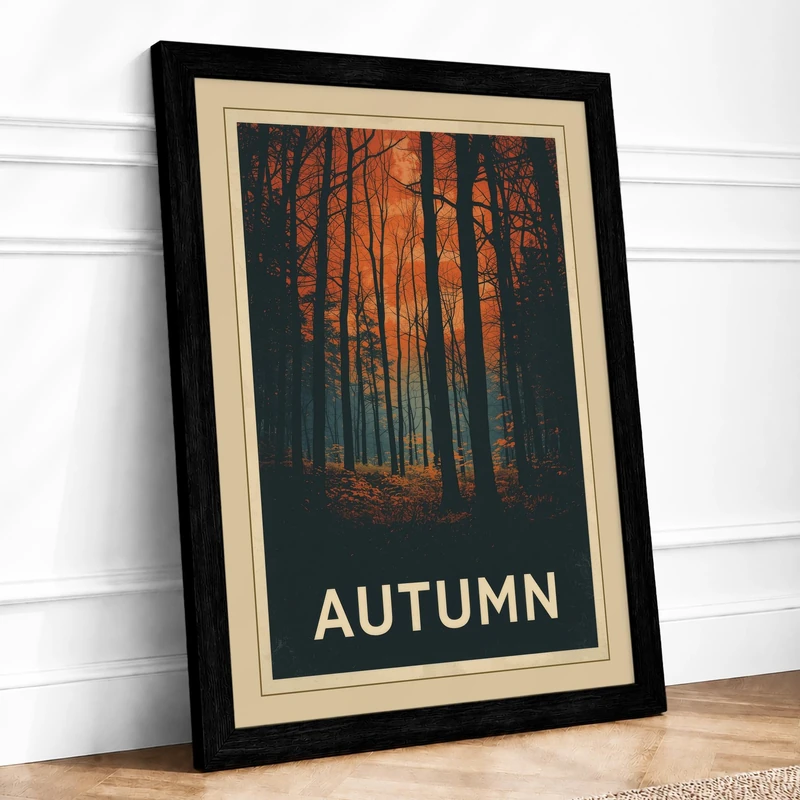 Autumn Forest Path Vintage Framed Wall Art Print A1 Black