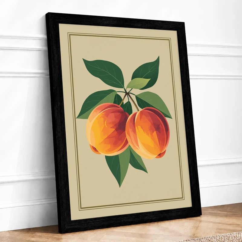 Peaches and Leaves Botanical Framed Wall Art Print A1 (84.1×59.4cm) Black, Wall Decor for Living Room, Bedroom, Office & Home, Ready to Hang, Art Gift