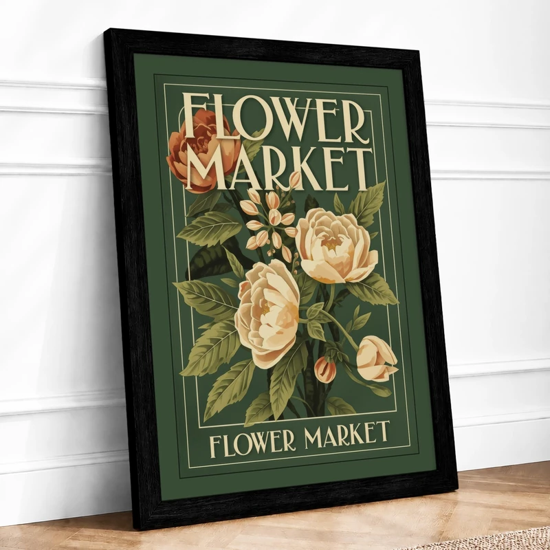 Flower Market Poster Vintage Framed Wall Art Print A1 (84.1×59.4cm) Black, Wall Decor for Living Room, Bedroom, Office & Home, Ready to Hang, Art Gift