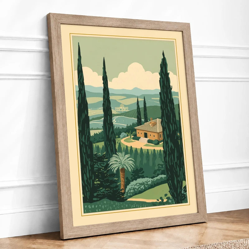 Villa Among Cypress Trees Vintage Framed Wall Art Print A1 (84.1×59.4cm) Oak, Wall Decor for Living Room, Bedroom, Office & Home, Ready to Hang, Art Gift - Image 1