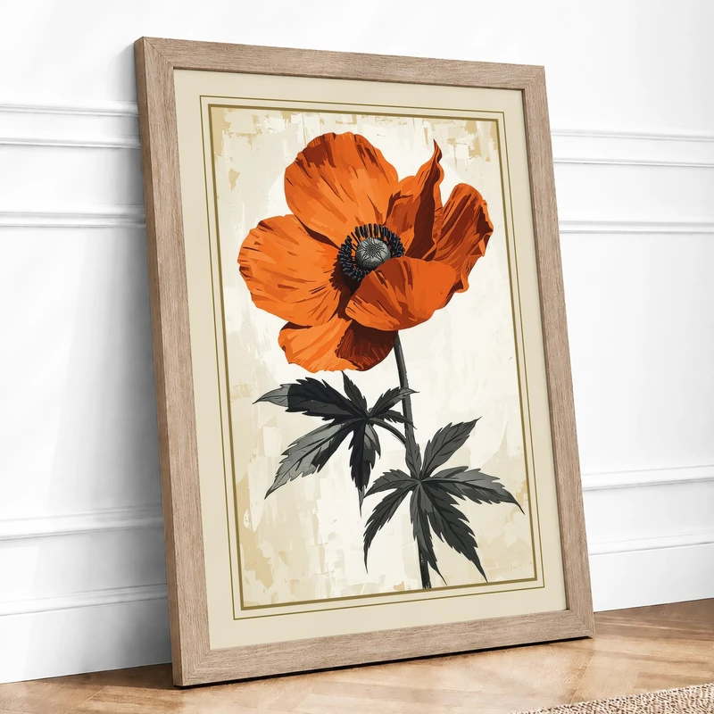 Red Poppy Study Botanical Framed Wall Art Print A1 (84.1×59.4cm) Oak, Wall Decor for Living Room, Bedroom, Office & Home, Ready to Hang, Art Gift - Image 1