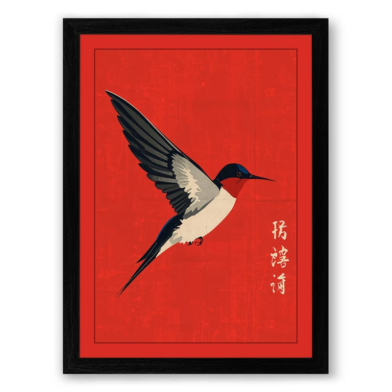 Crimson Hummingbird Japandi Framed Wall Art Print A1 (84.1×59.4cm) Black, Wall Decor for Living Room, Bedroom, Office & Home, Ready to Hang, Art Gift