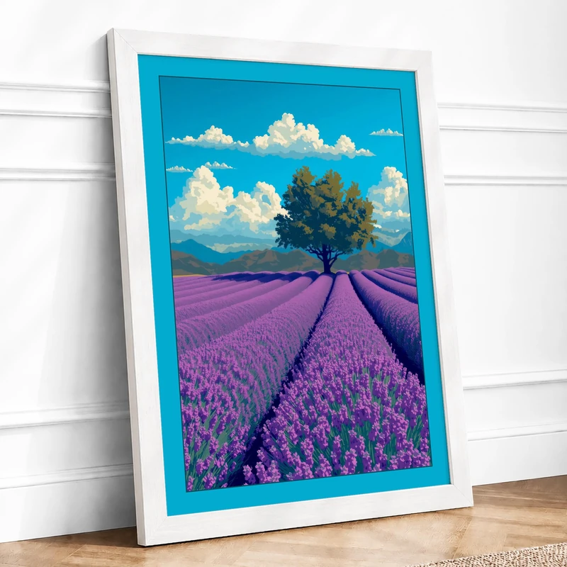 Tree in Lavender Fields Botanical Framed Wall Art Print A1 (84.1×59.4cm) White, Wall Decor for Living Room, Bedroom, Office & Home, Ready to Hang, Art Gift - Image 1