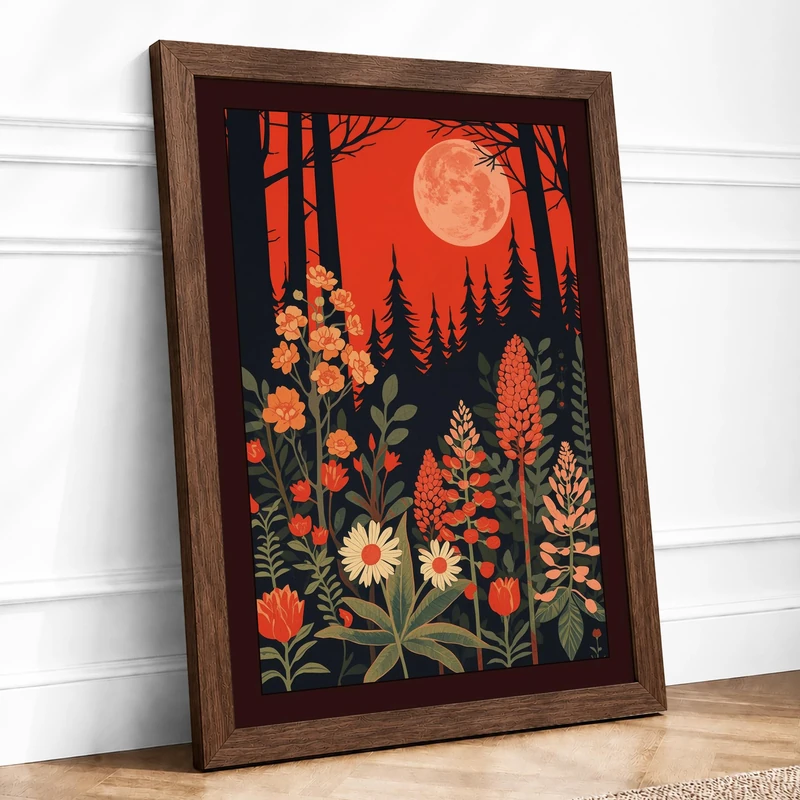 Moonlit Autumn Garden Botanical Framed Wall Art Print A1 Walnut