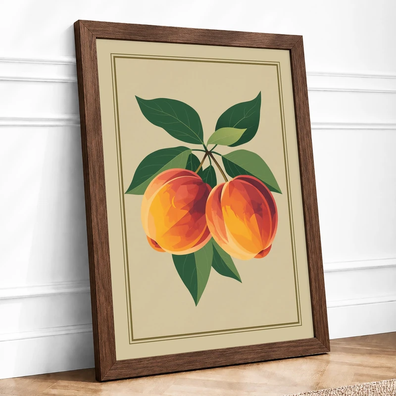 Peaches and Leaves Botanical Framed Wall Art Print A1 (84.1×59.4cm) Walnut, Wall Decor for Living Room, Bedroom, Office & Home, Ready to Hang, Art Gift