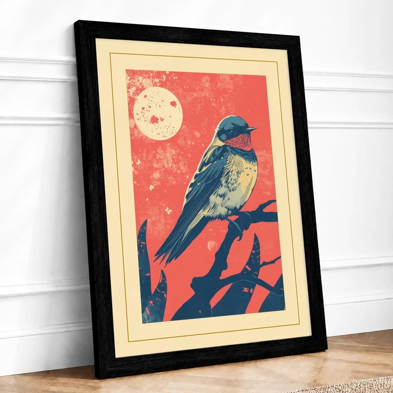 Moon and Perching Bird Japandi Framed Wall Art Print A1 (84.1×59.4cm) Black, Wall Decor for Living Room, Bedroom, Office & Home, Ready to Hang, Art Gift - Image 1
