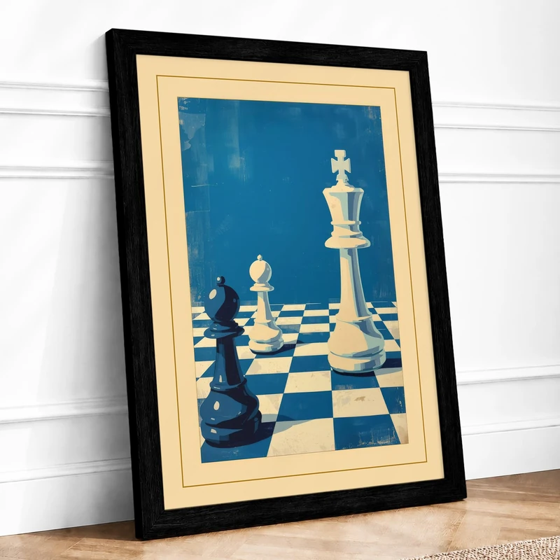 Queen and Pawn Retro Framed Wall Art Print A1 (84.1×59.4cm) Black, Wall Decor for Living Room, Bedroom, Office & Home, Ready to Hang, Art Gift