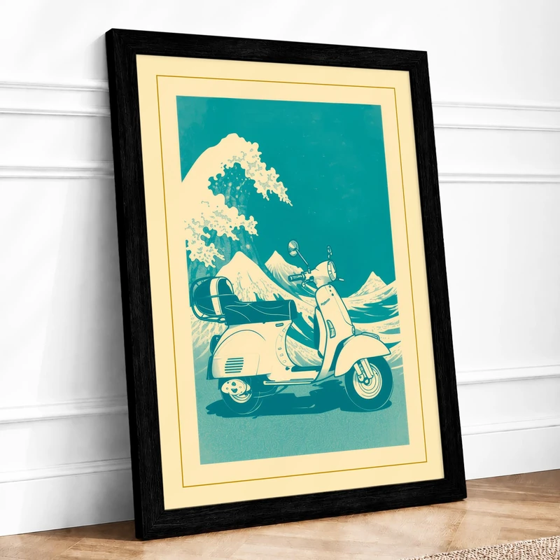 Scooter and Wave Coastal Framed Wall Art Print A1 (84.1×59.4cm) Black, Wall Decor for Living Room, Bedroom, Office & Home, Ready to Hang, Art Gift - Image 1
