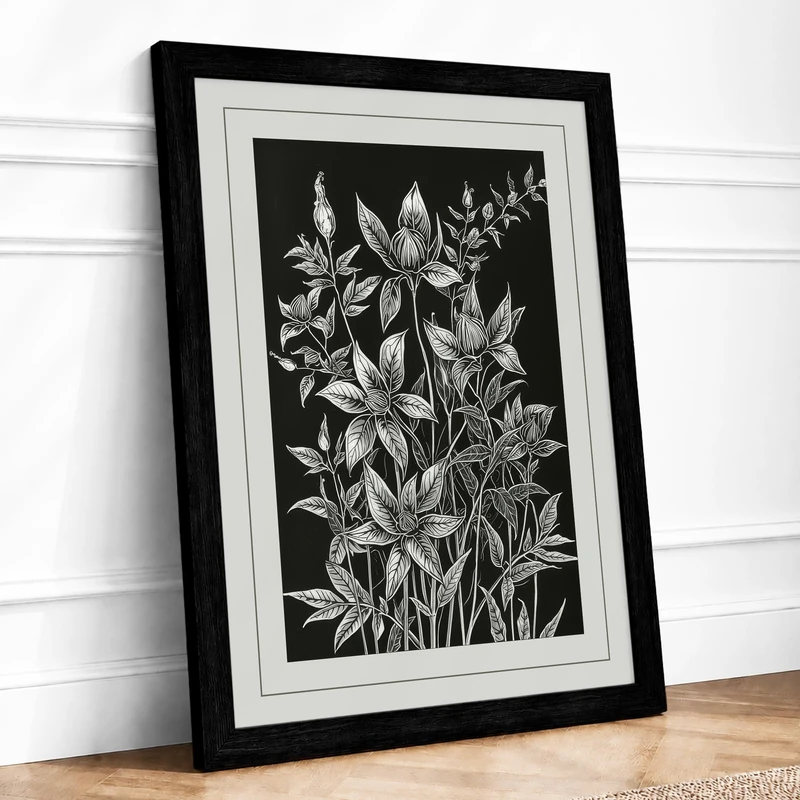 Study in White Line Botanical Framed Wall Art Print A1 (84.1×59.4cm) Black, Wall Decor for Living Room, Bedroom, Office & Home, Ready to Hang, Art Gift