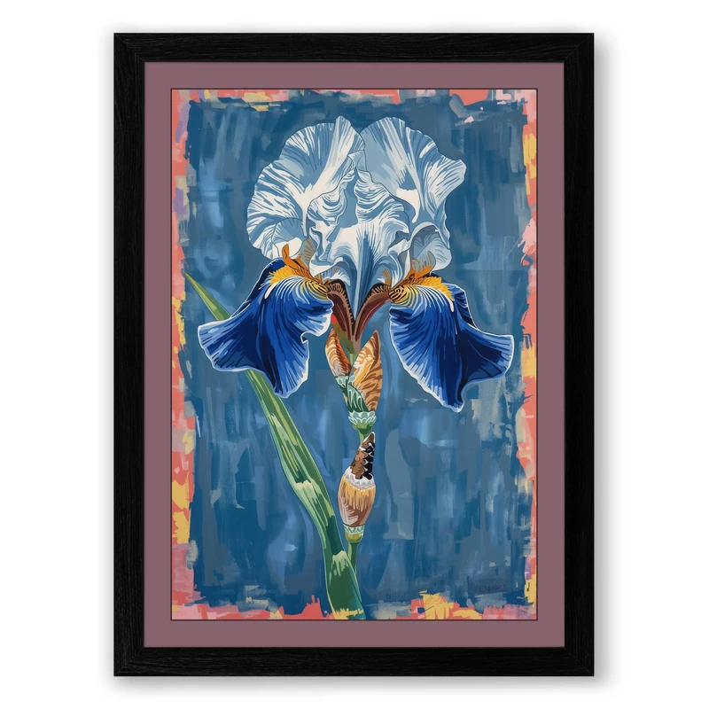 Iris in Blue Botanical Framed Wall Art Print A1 (84.1×59.4cm) Black, Wall Decor for Living Room, Bedroom, Office & Home, Ready to Hang, Art Gift