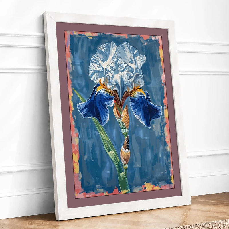 Iris in Blue Botanical Framed Wall Art Print A1 (84.1×59.4cm) White, Wall Decor for Living Room, Bedroom, Office & Home, Ready to Hang, Art Gift - Image 1
