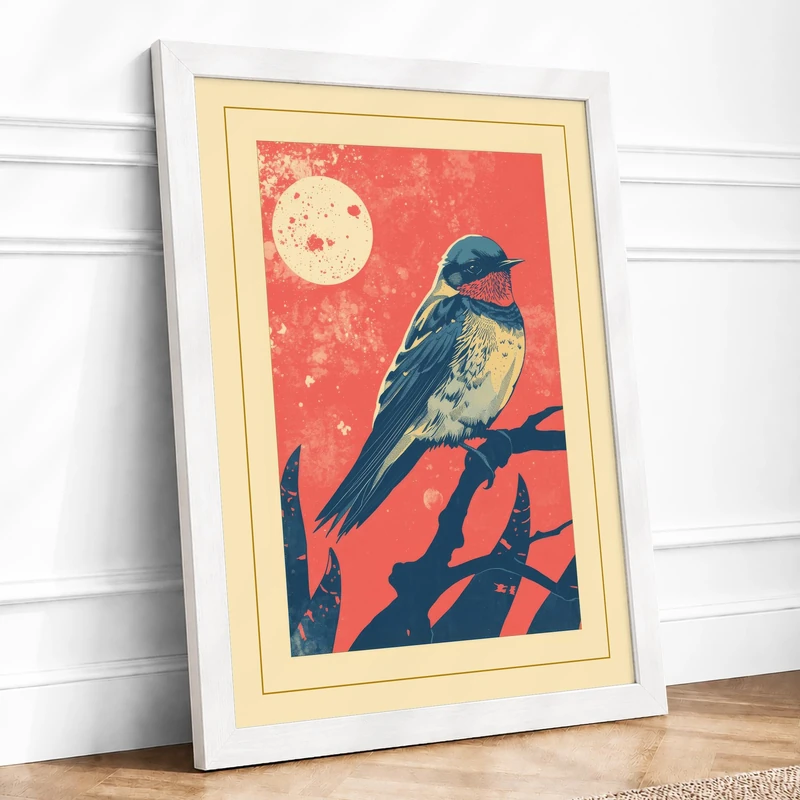 Moon and Perching Bird Japandi Framed Wall Art Print A1 (84.1×59.4cm) White, Wall Decor for Living Room, Bedroom, Office & Home, Ready to Hang, Art Gift - Image 1