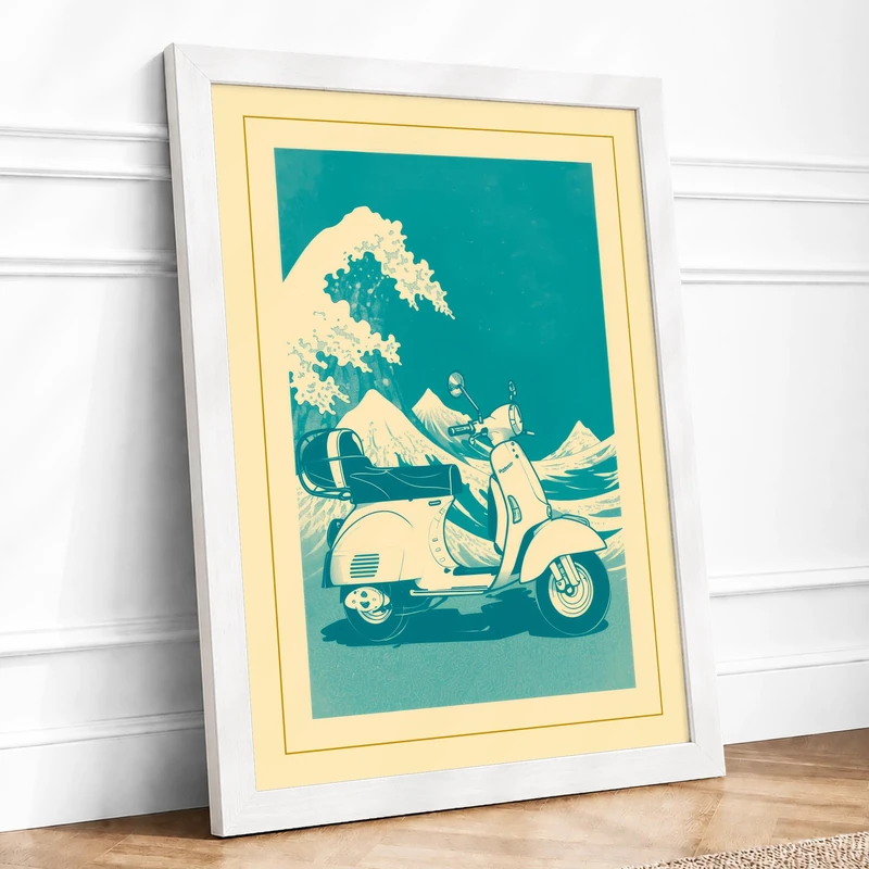 Scooter and Wave Coastal Framed Wall Art Print A1 (84.1×59.4cm) White, Wall Decor for Living Room, Bedroom, Office & Home, Ready to Hang, Art Gift - Image 1