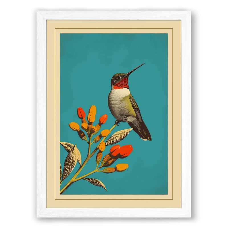 Hummingbird on Blossom Botanical Framed Wall Art Print A1 (84.1×59.4cm) White, Wall Decor for Living Room, Bedroom, Office & Home, Ready to Hang, Art Gift