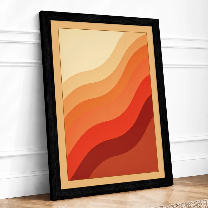 Warm Gradient Waves Mid-Century Framed Wall Art Print A1 (84.1×59.4cm) Black, Wall Decor for Living Room, Bedroom, Office & Home, Ready to Hang, Art Gift