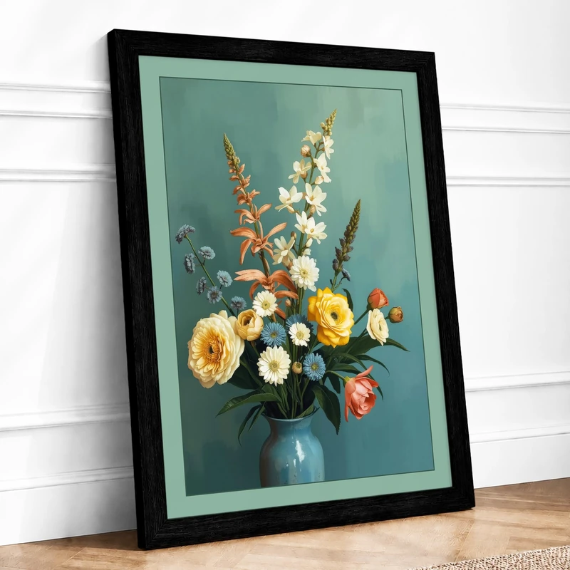 Blooms in Pale Blue Botanical Framed Wall Art Print A1 (84.1×59.4cm) Black, Wall Decor for Living Room, Bedroom, Office & Home, Ready to Hang, Art Gift