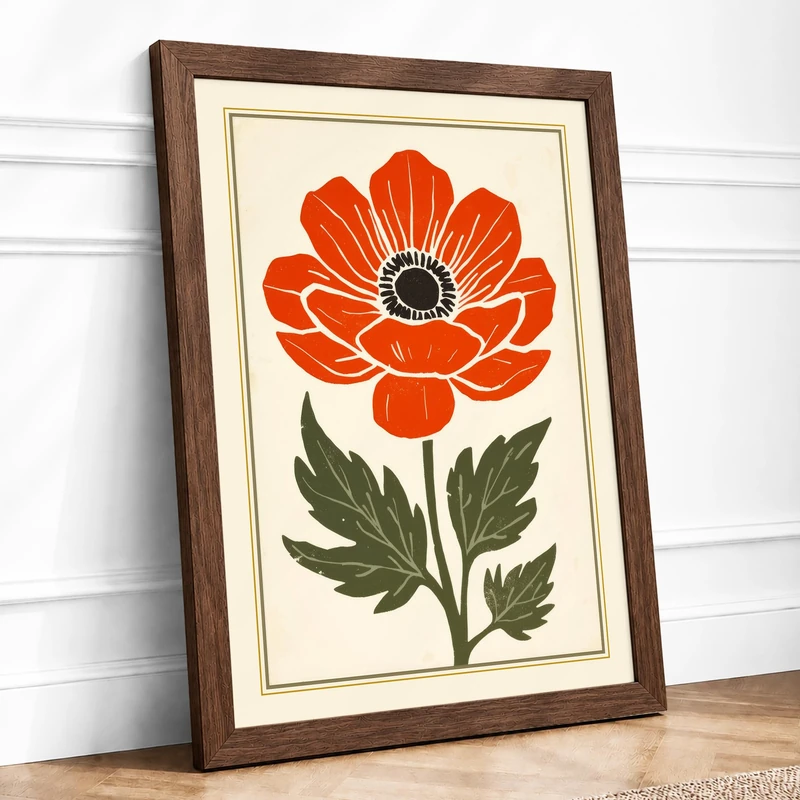 Red Poppy Botanical Framed Wall Art Print A1 (84.1×59.4cm) Walnut, Wall Decor for Living Room, Bedroom, Office & Home, Ready to Hang, Art Gift - Image 1