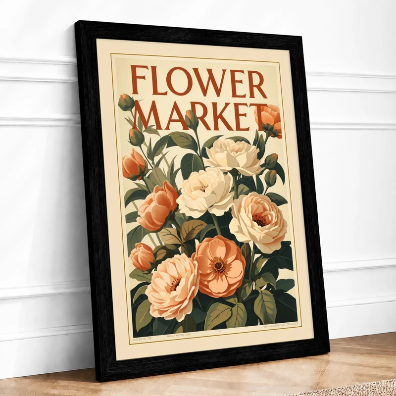 Flower Market Vintage Framed Wall Art Print A1 (84.1×59.4cm) Black, Wall Decor for Living Room, Bedroom, Office & Home, Ready to Hang, Art Gift - Image 1