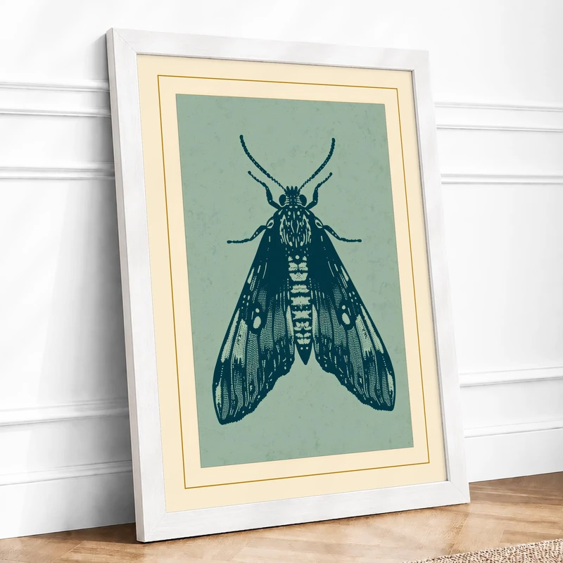 Sage Moth Study Botanical Framed Wall Art Print A1 (84.1×59.4cm) White, Wall Decor for Living Room, Bedroom, Office & Home, Ready to Hang, Art Gift