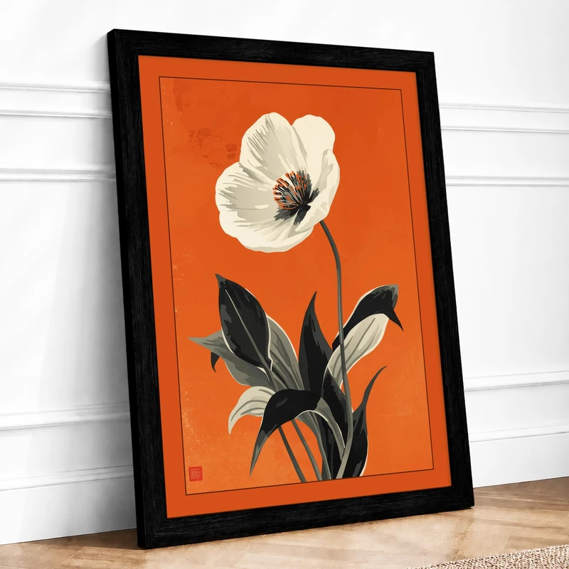 White Poppy Study Botanical Framed Wall Art Print A1 (84.1×59.4cm) Black, Wall Decor for Living Room, Bedroom, Office & Home, Ready to Hang, Art Gift