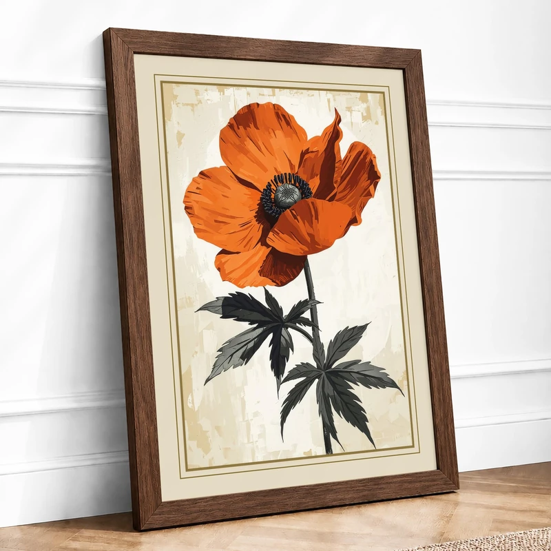 Red Poppy Study Botanical Framed Wall Art Print A1 Walnut