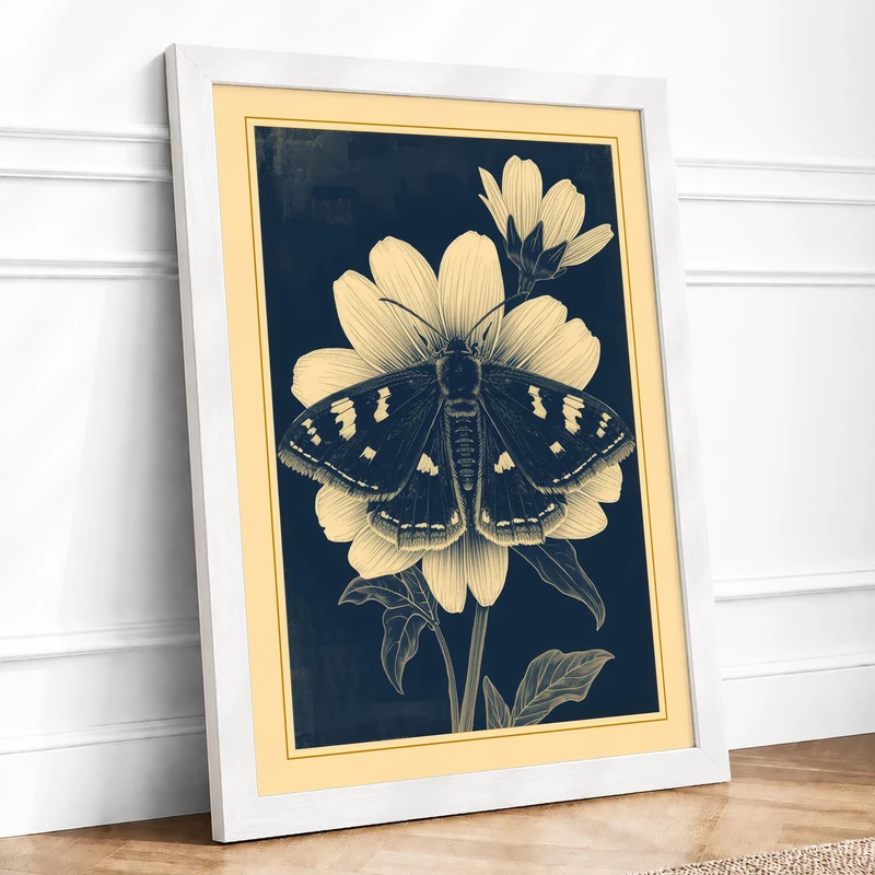 Moth and Bloom Botanical Framed Wall Art Print A1 (84.1×59.4cm) White, Wall Decor for Living Room, Bedroom, Office & Home, Ready to Hang, Art Gift