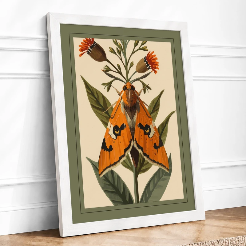 Symmetrical Moths and Flora Botanical Framed Wall Art Print A1 (84.1×59.4cm) White, Wall Decor for Living Room, Bedroom, Office & Home, Ready to Hang, Art Gift