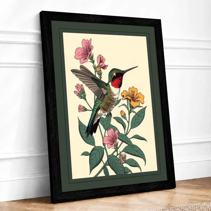 Ruby Hummingbird in Bloom Botanical Framed Wall Art Print A1 (84.1×59.4cm) Black, Wall Decor for Living Room, Bedroom, Office & Home, Ready to Hang, Art Gift