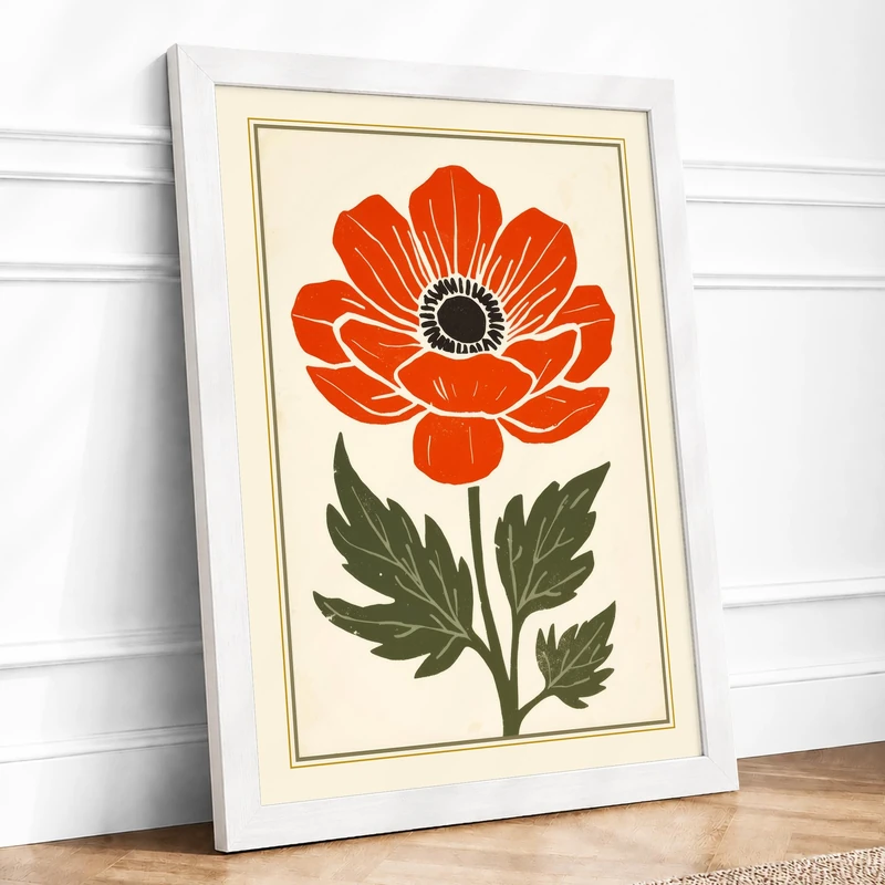 Red Poppy Botanical Framed Wall Art Print A1 (84.1×59.4cm) White, Wall Decor for Living Room, Bedroom, Office & Home, Ready to Hang, Art Gift
