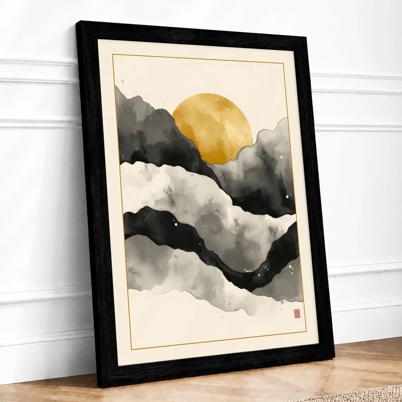 Sunset Over Silent Hills Japandi Framed Wall Art Print A1 (84.1×59.4cm) Black, Wall Decor for Living Room, Bedroom, Office & Home, Ready to Hang, Art Gift