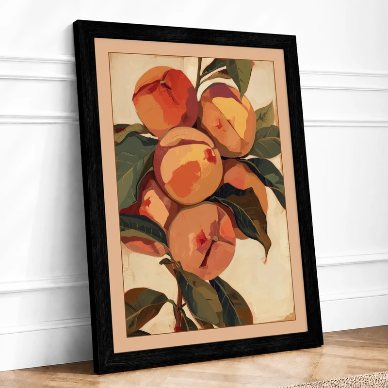 Ripened Peaches Botanical Framed Wall Art Print A1 (84.1×59.4cm) Black, Wall Decor for Living Room, Bedroom, Office & Home, Ready to Hang, Art Gift