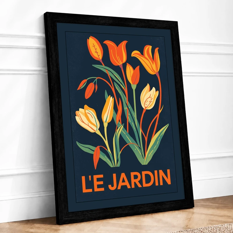 Le Jardin Tulips Botanical Framed Wall Art Print A1 (84.1×59.4cm) Black, Wall Decor for Living Room, Bedroom, Office & Home, Ready to Hang, Art Gift