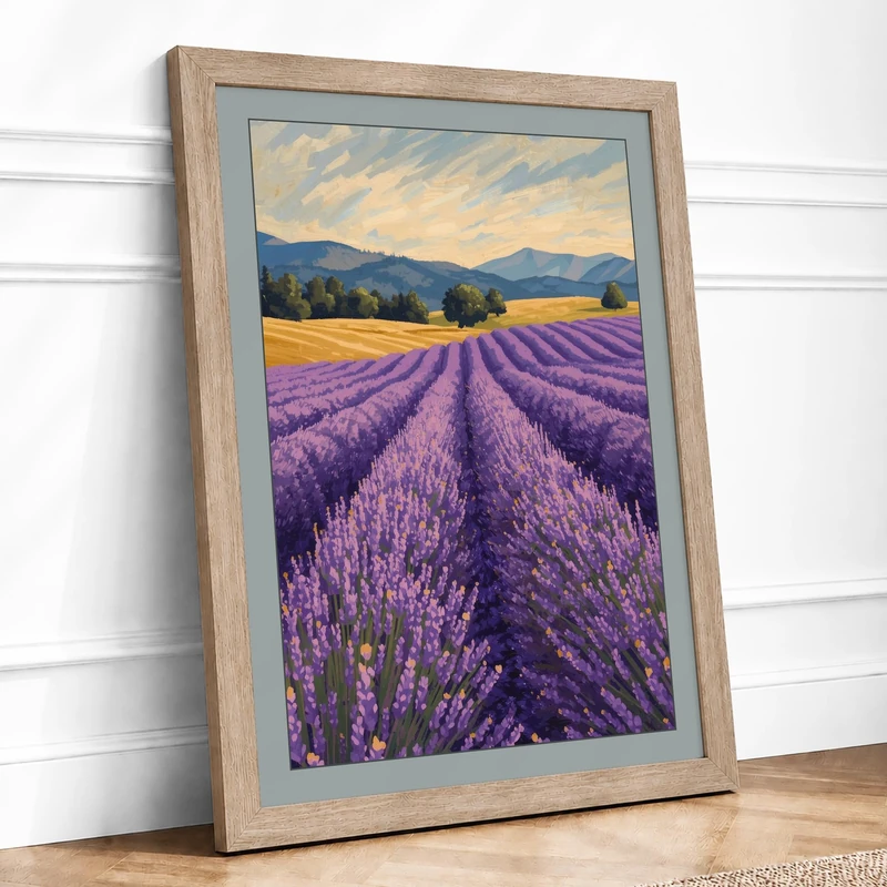 Lavender Fields at Golden Hour Landscape Framed Wall Art Print A1 (84.1×59.4cm) Oak, Wall Decor for Living Room, Bedroom, Office & Home, Ready to Hang, Art Gift
