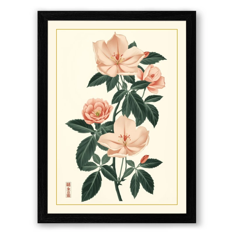 Three Roses in Bloom Botanical Framed Wall Art Print A1 (84.1×59.4cm) Black, Wall Decor for Living Room, Bedroom, Office & Home, Ready to Hang, Art Gift