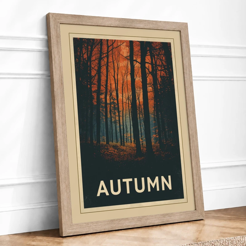 Autumn Forest Path Vintage Framed Wall Art Print A1 Oak