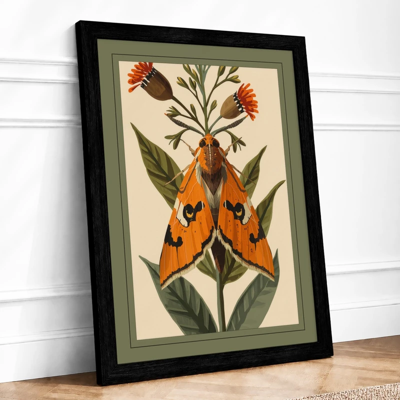 Symmetrical Moths and Flora Botanical Framed Wall Art Print A1 (84.1×59.4cm) Black, Wall Decor for Living Room, Bedroom, Office & Home, Ready to Hang, Art Gift - Image 1