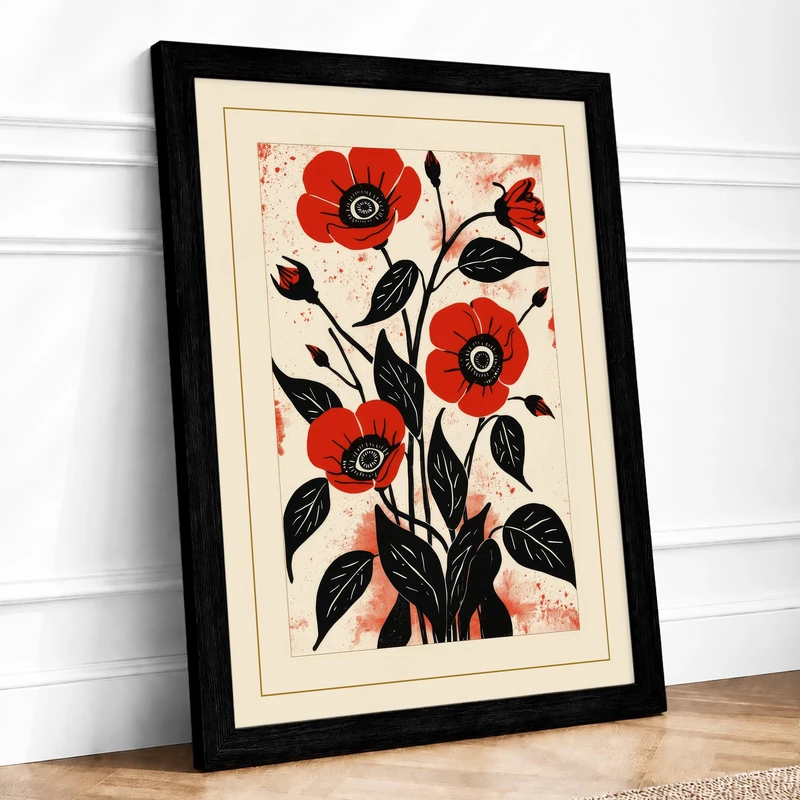 Four Red Poppies Botanical Framed Wall Art Print A1 (84.1×59.4cm) Black, Wall Decor for Living Room, Bedroom, Office & Home, Ready to Hang, Art Gift