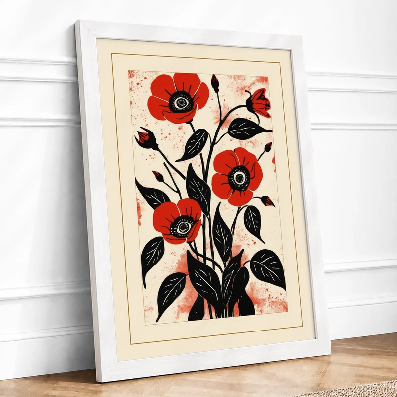 Four Red Poppies Botanical Framed Wall Art Print A1 (84.1×59.4cm) White, Wall Decor for Living Room, Bedroom, Office & Home, Ready to Hang, Art Gift - Image 1